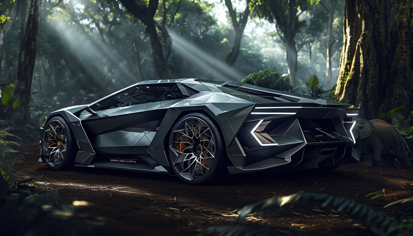 Futuristic Dark Metallic Sports Car in Lush Forest Virtual Background