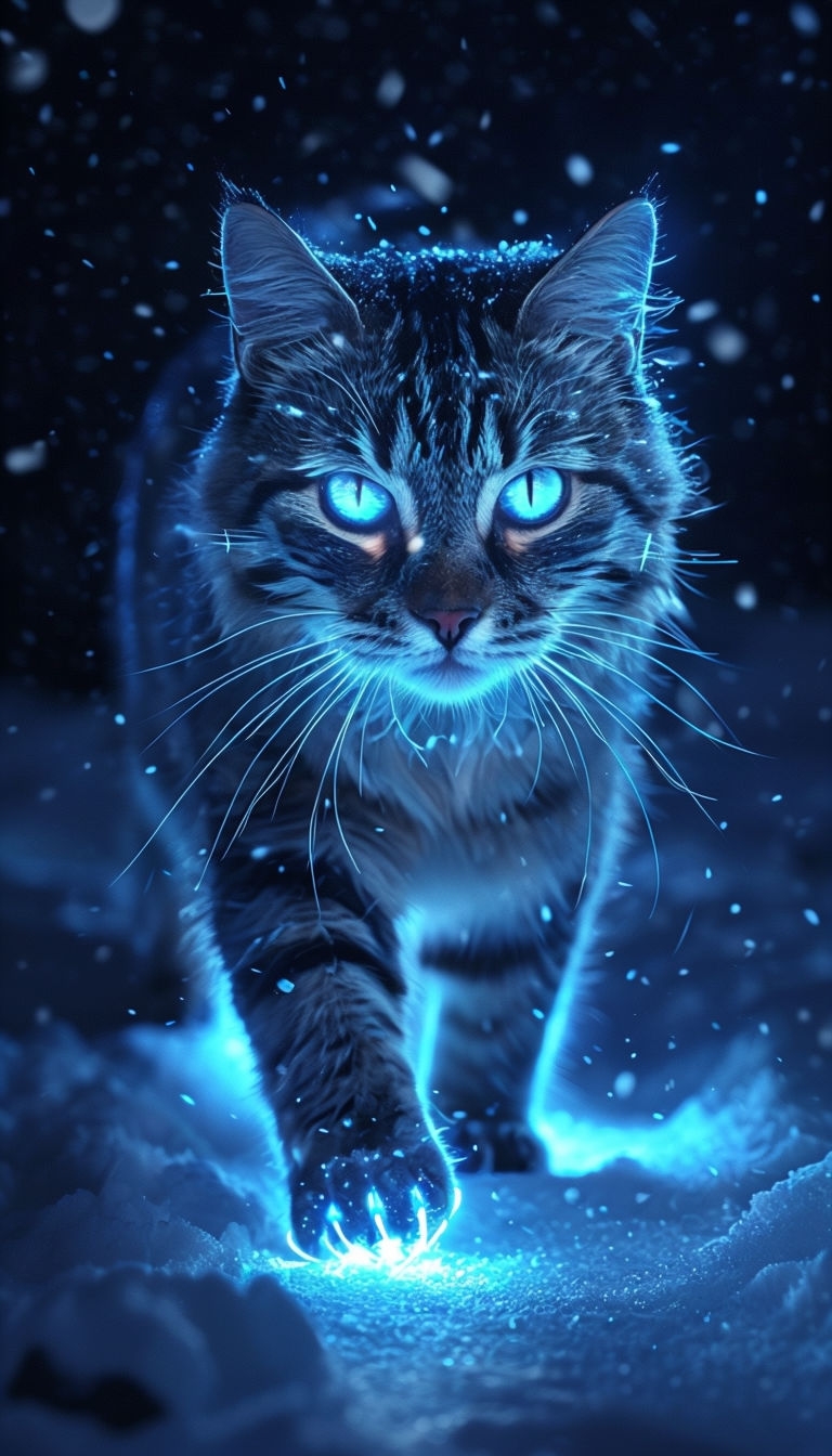 Glowing Blue-Eyed Tabby Cat in Snowy Night Scene Mobile Wallpaper