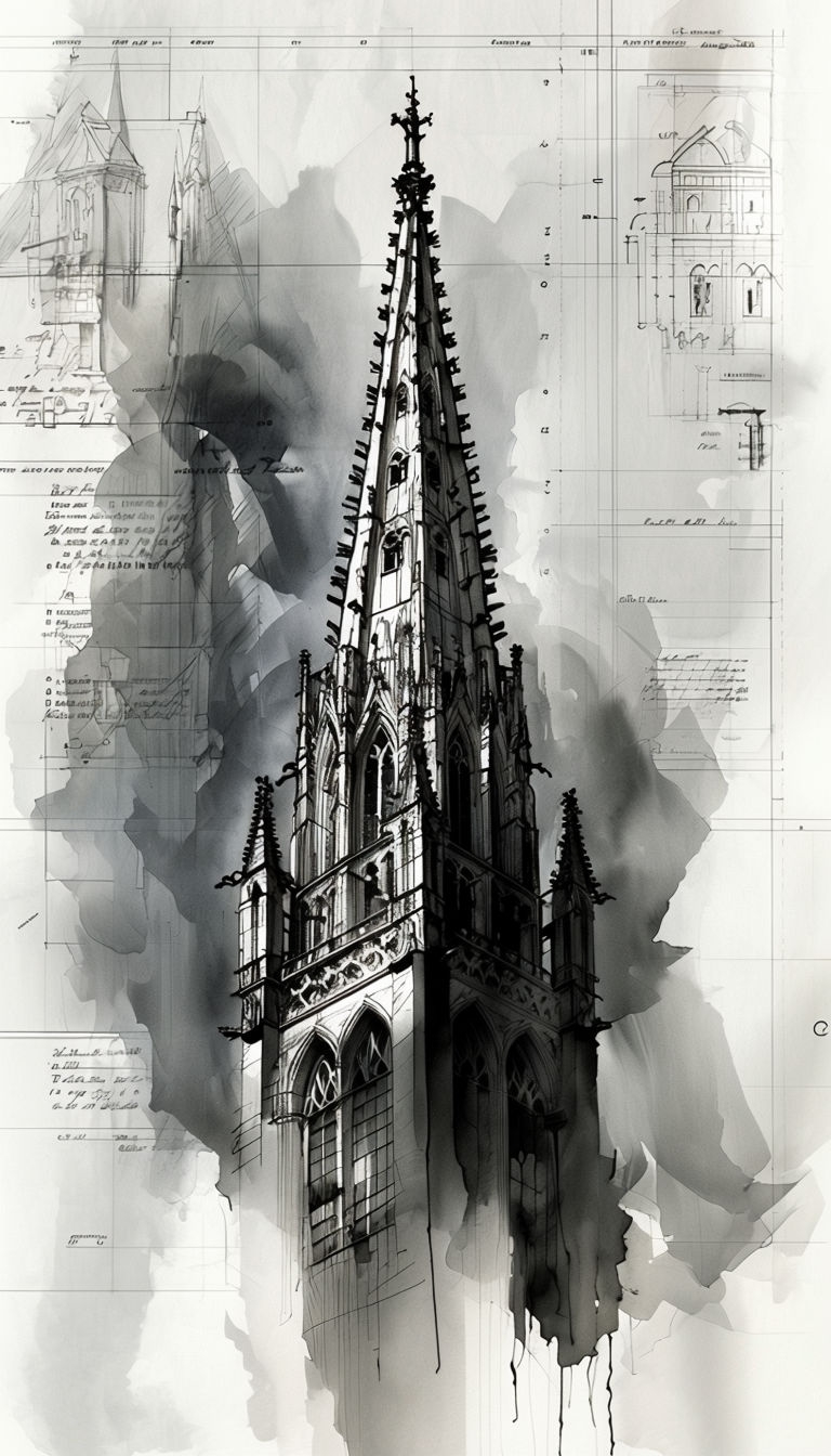 Gothic Cathedral Spire Architectural Illustration Art