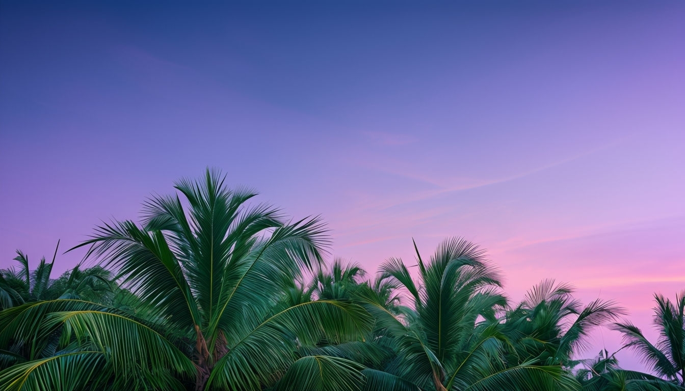 Serene Tropical Twilight Scene with Palm Fronds Virtual Background