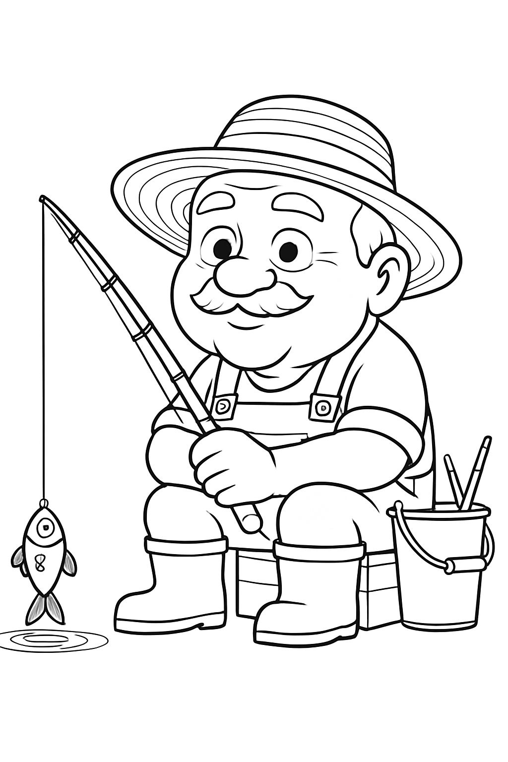 Elderly Cartoon Fisherman with Rod and Bucket Coloring Book Page