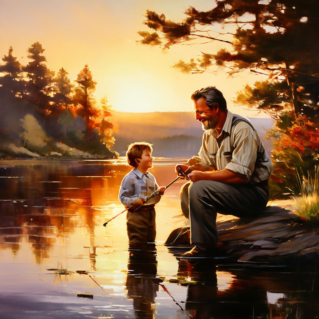 a young boy and his daddy going fishing in norman rockwell style
