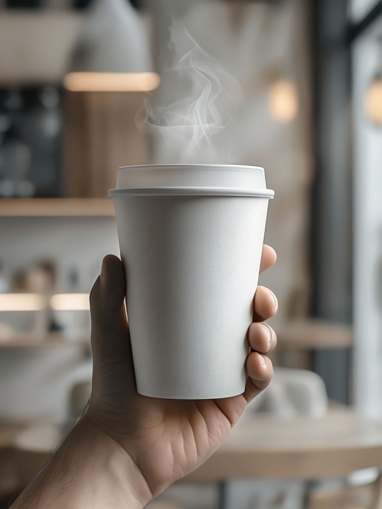 Minimalist Disposable Coffee Cup Photography in Cozy Setting Mockup