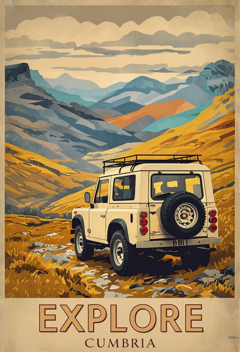 Vintage Cumbria Adventure Travel Poster with Off-Road Vehicle