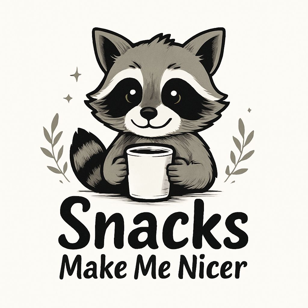 Adorable Cartoon Raccoon Holding Mug with Snacks Sticker