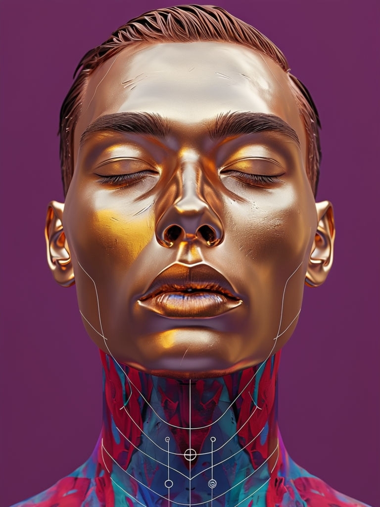 Futuristic Gold Face Portrait with Abstract Geometric Patterns Art