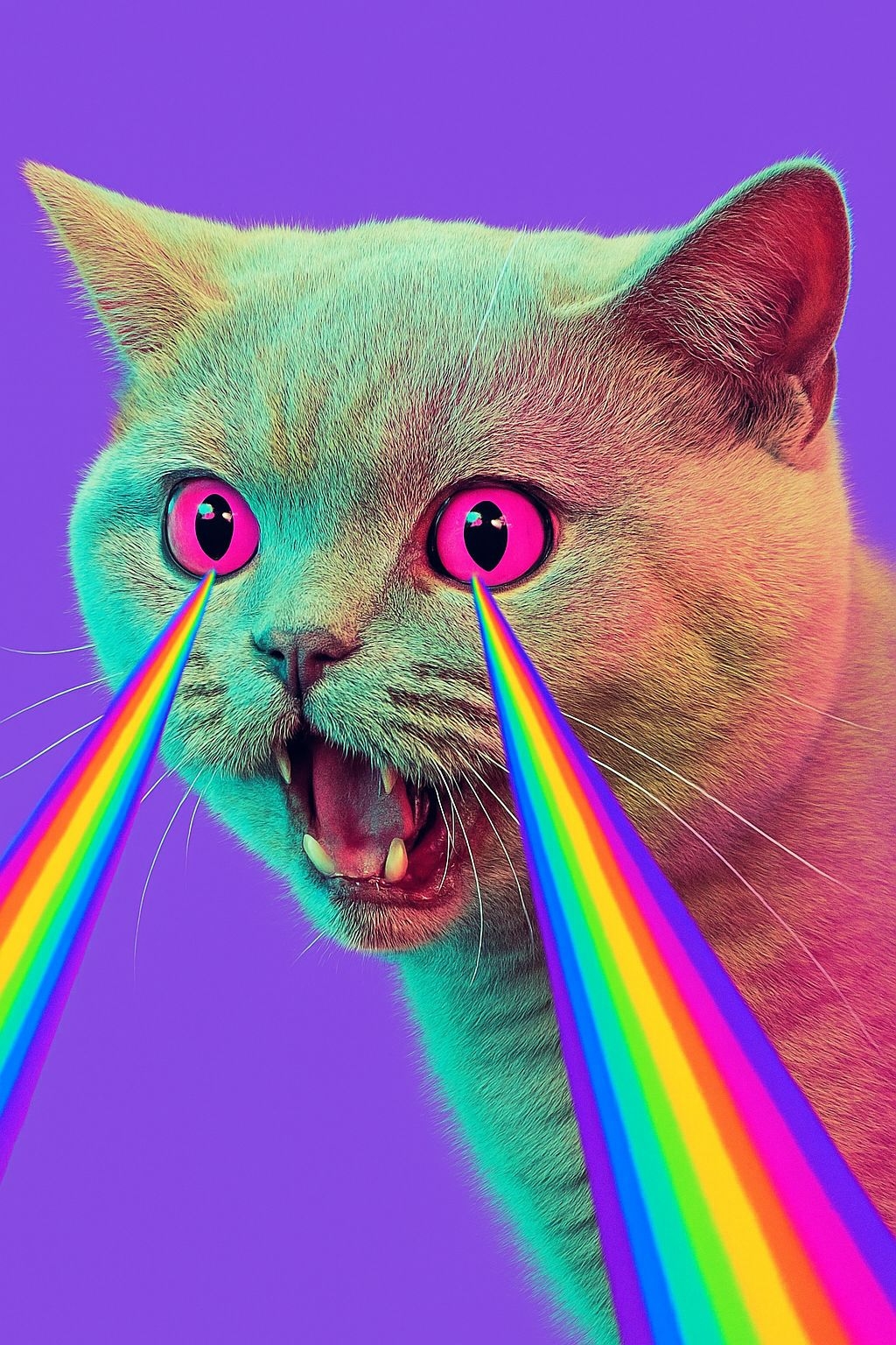 Vibrant Neon Cat Face Artwork with Rainbow Rays T-Shirt