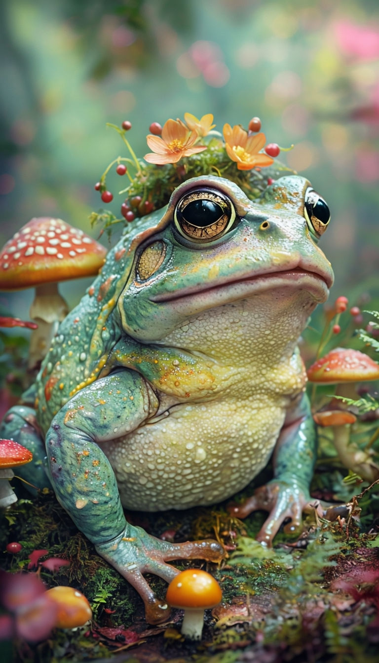 Whimsical Anthropomorphic Frog Surrounded by Mushrooms Fantasy Art