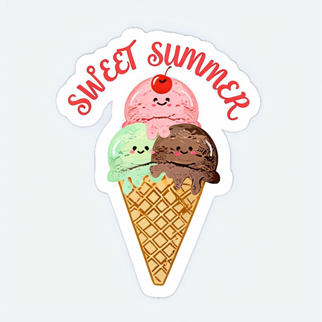 Cheerful Ice Cream Cone with Cherry and "Sweet Summer" Sticker