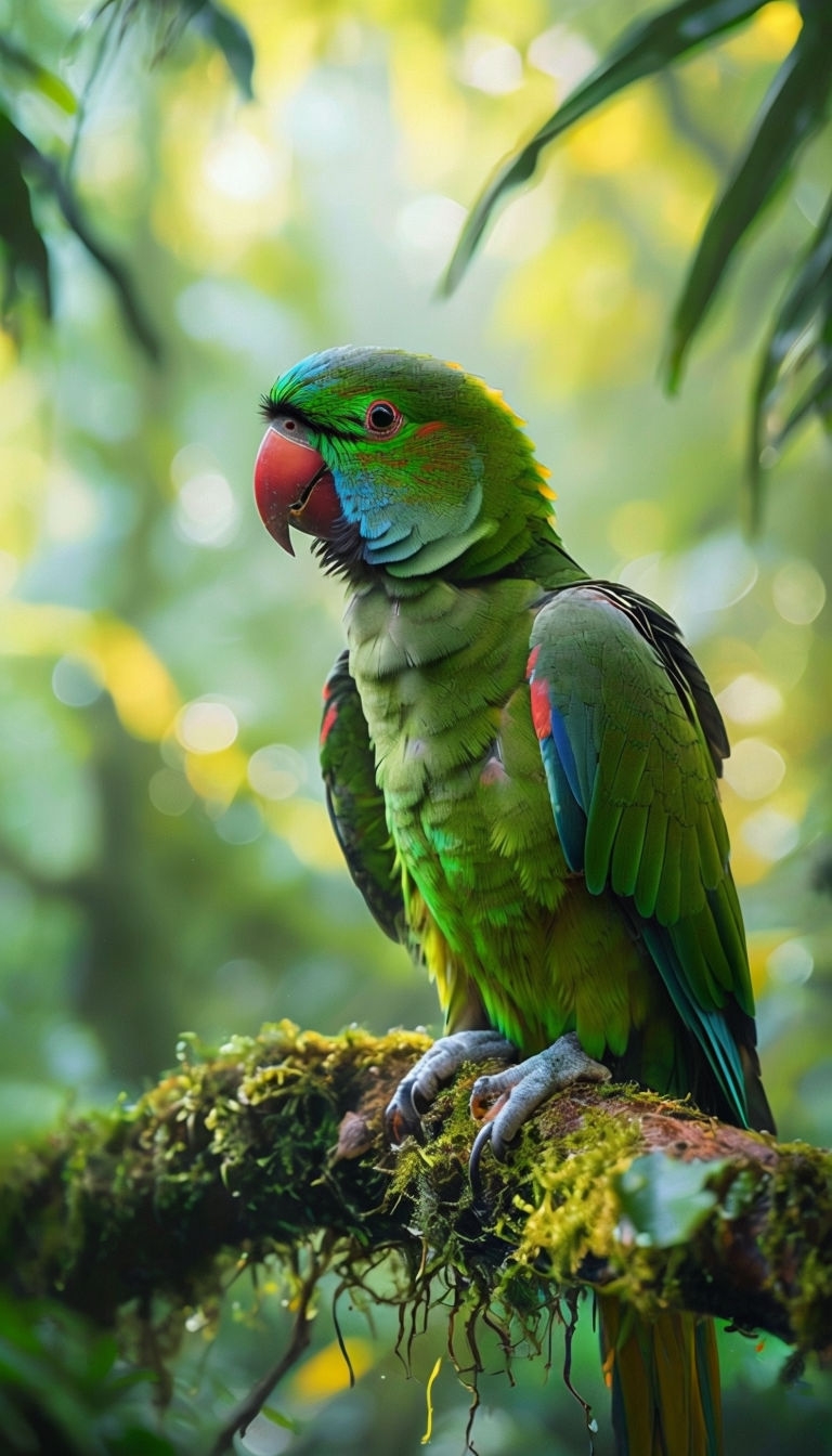 Vibrant Green Parrot Close-Up in Lush Forest Setting Mobile Wallpaper