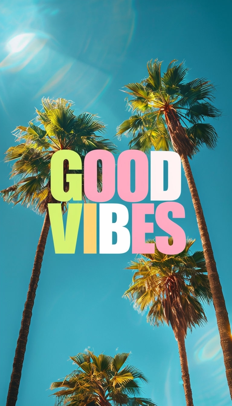 Vibrant Palm Trees with Good Vibes Text Mobile Wallpaper