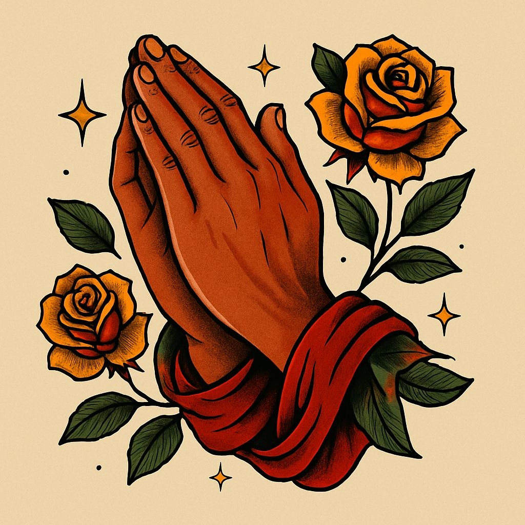 Traditional Praying Hands Tattoo Design with Roses T-shirt