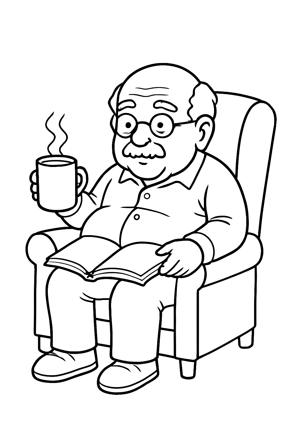 Elderly Man Reading in Cozy Armchair Line Drawing Coloring Book Pages