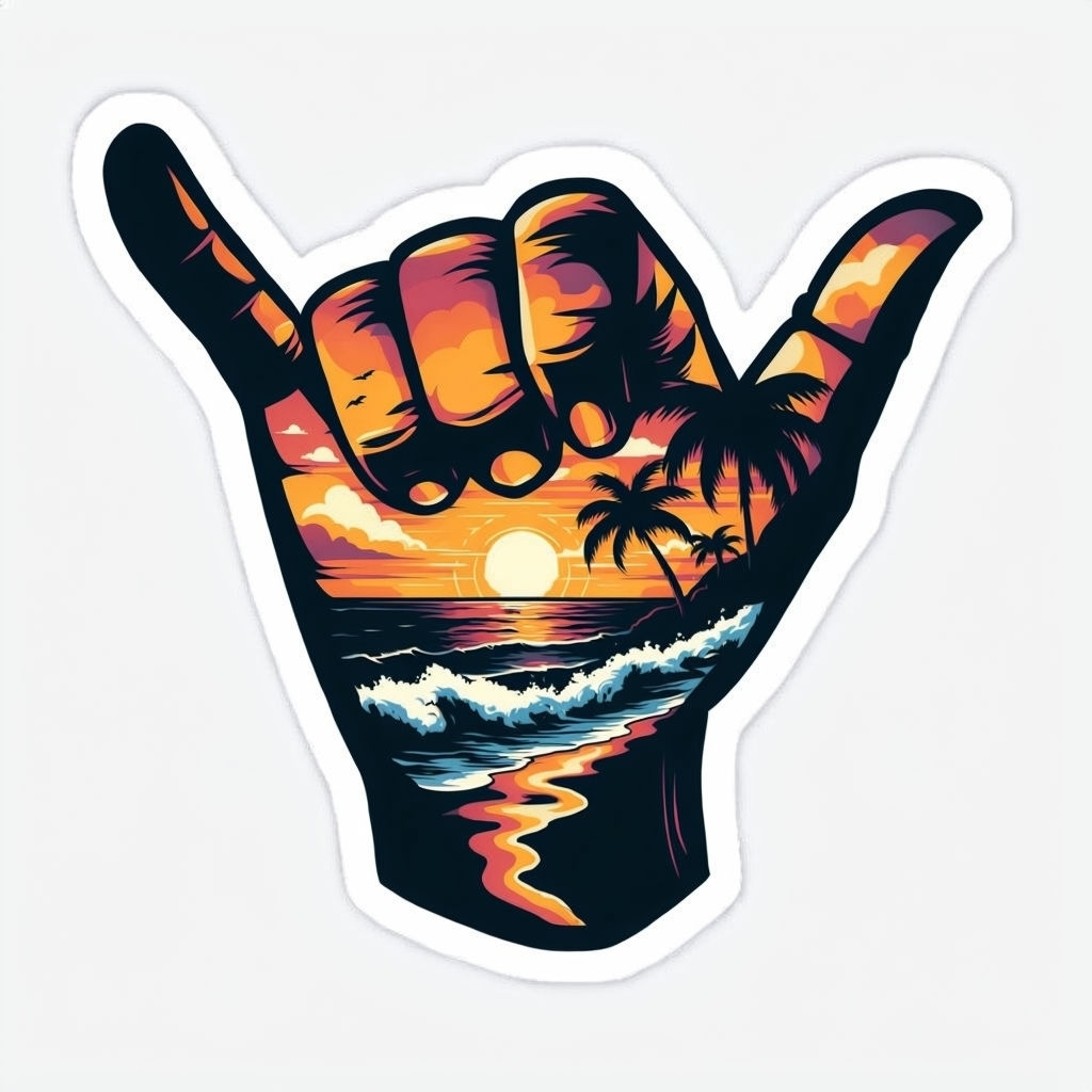 Vibrant Shaka Sign Sticker with Tropical Sunset Beach Scene