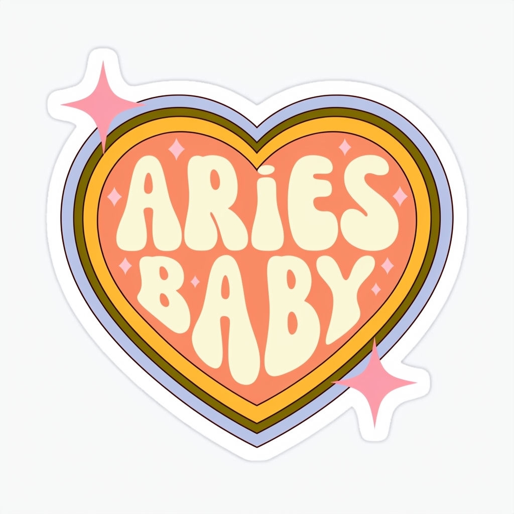 Retro Aries Baby Heart Sticker with Colorful 70s Design