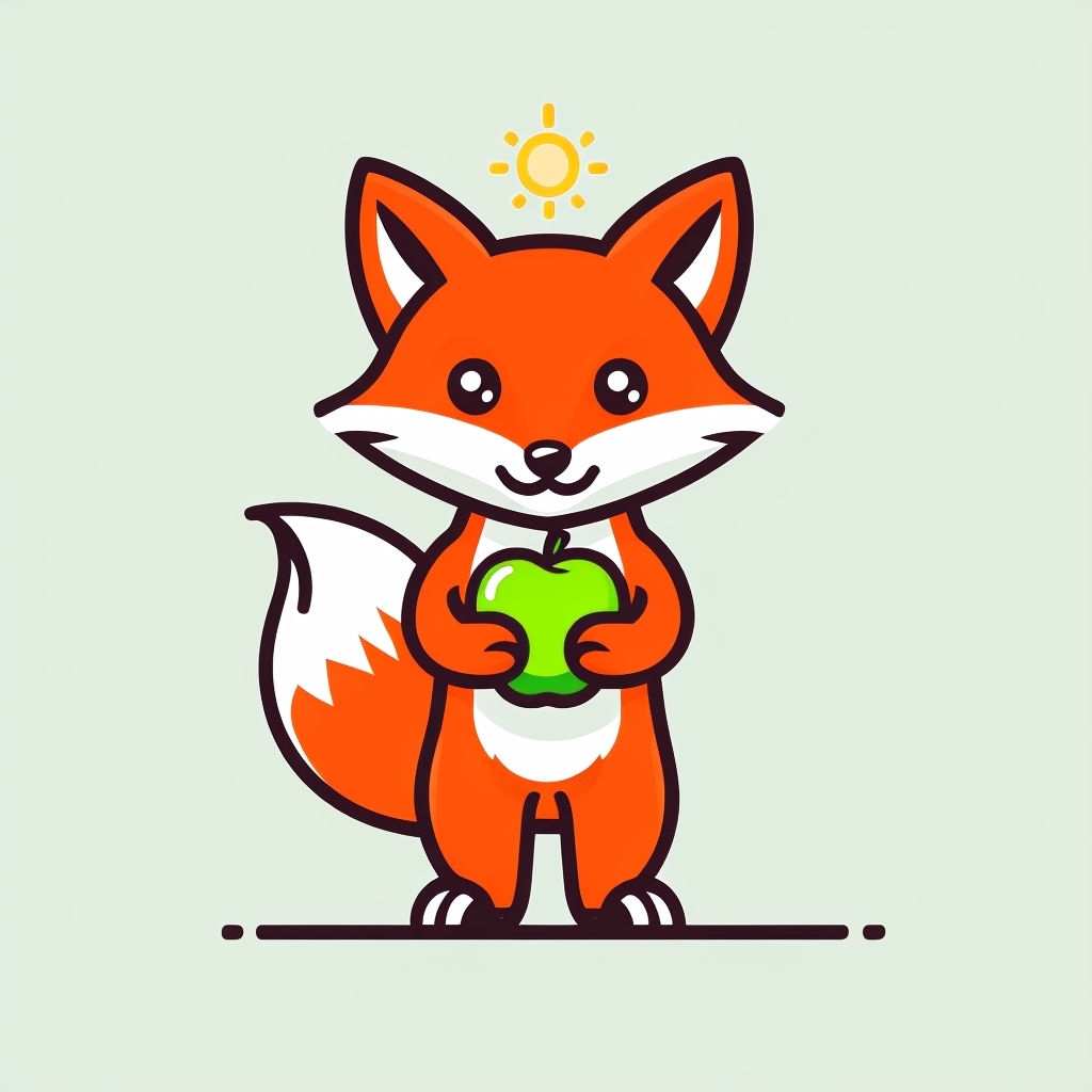 Joyful Cartoon Fox with Green Apple Minimalist Sticker