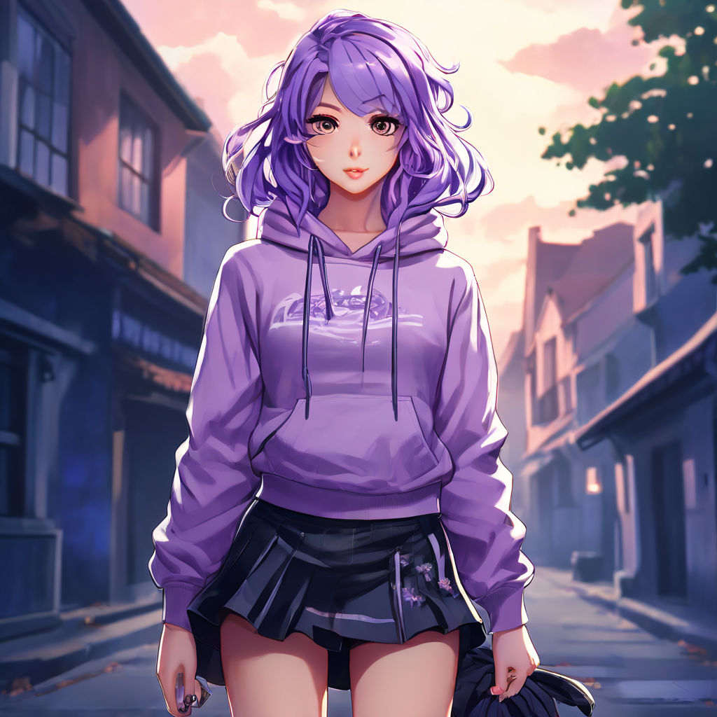 long purple haired Adult anime girl wearing jeans over a diaper. Anime art  style