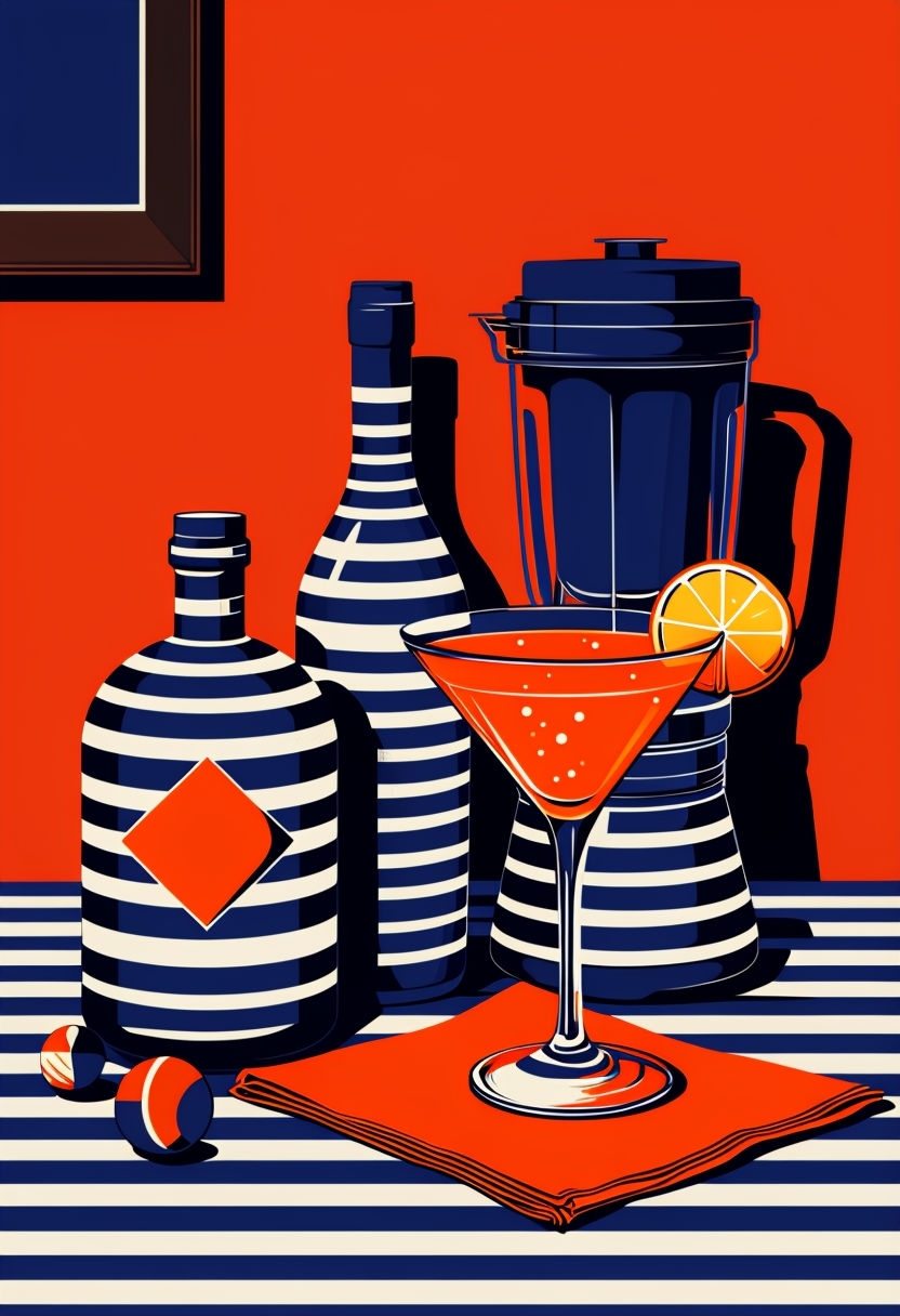 Vibrant Pop Art Still Life with Striped Containers and Cocktail Poster