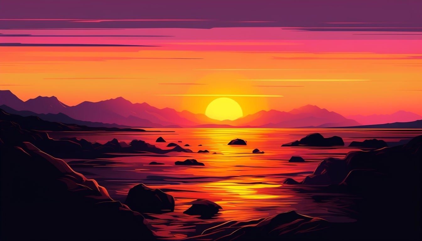Vibrant Sunset Landscape Digital Art with Silhouetted Rocks Virtual Backgrounds
