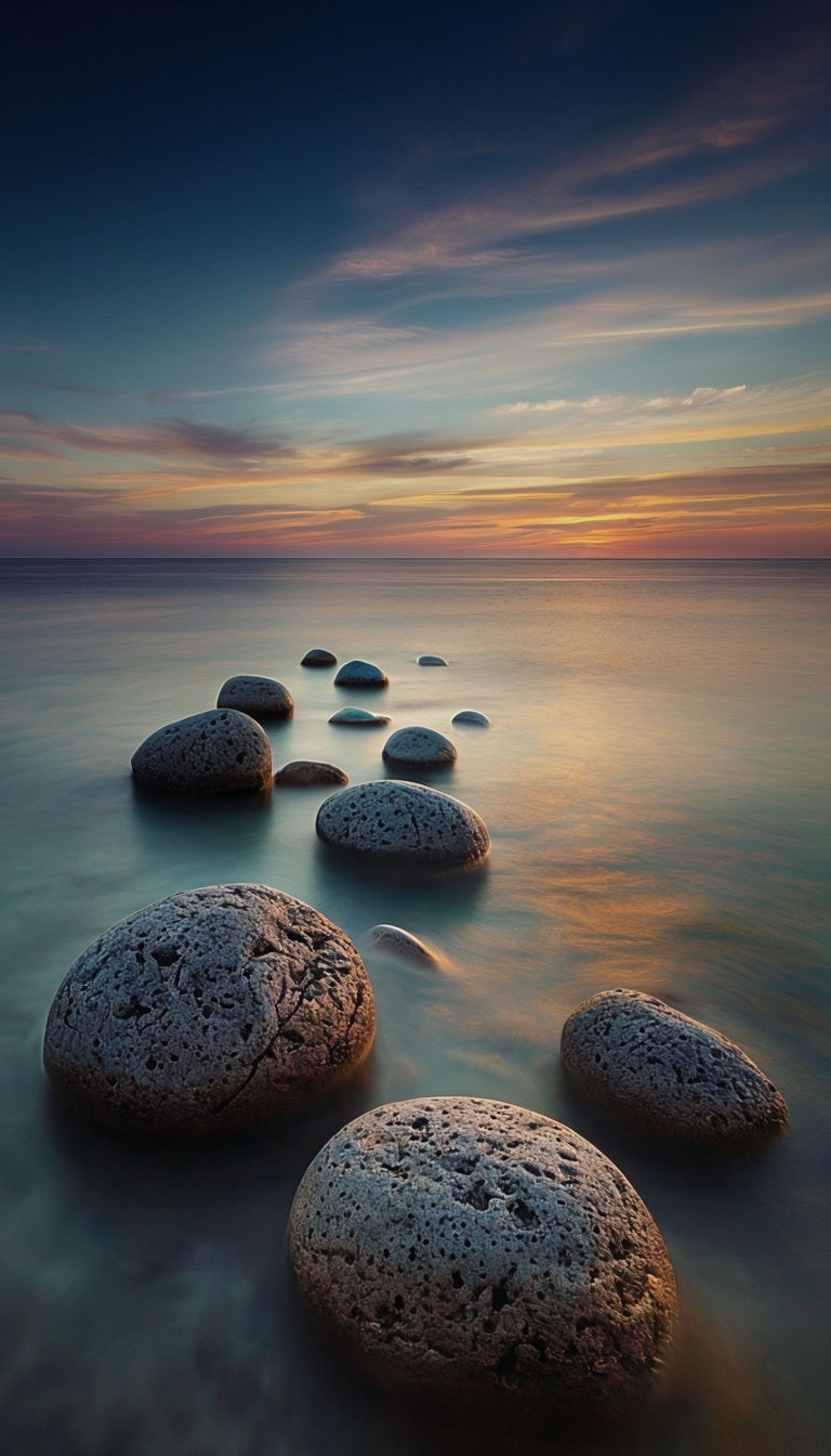Serene Stones at Sunset Over Calm Water Landscape Mobile Wallpaper