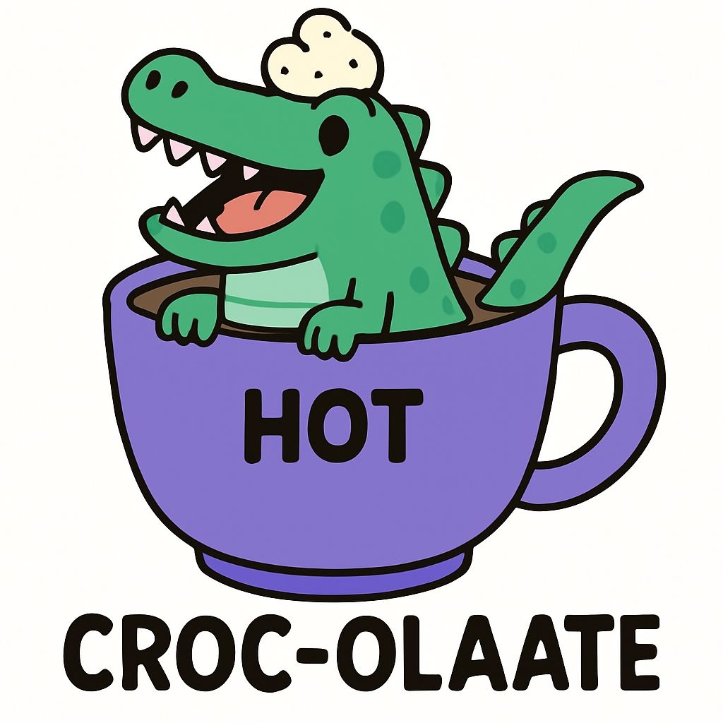Cheerful Green Crocodile in Purple Coffee Cup Sticker
