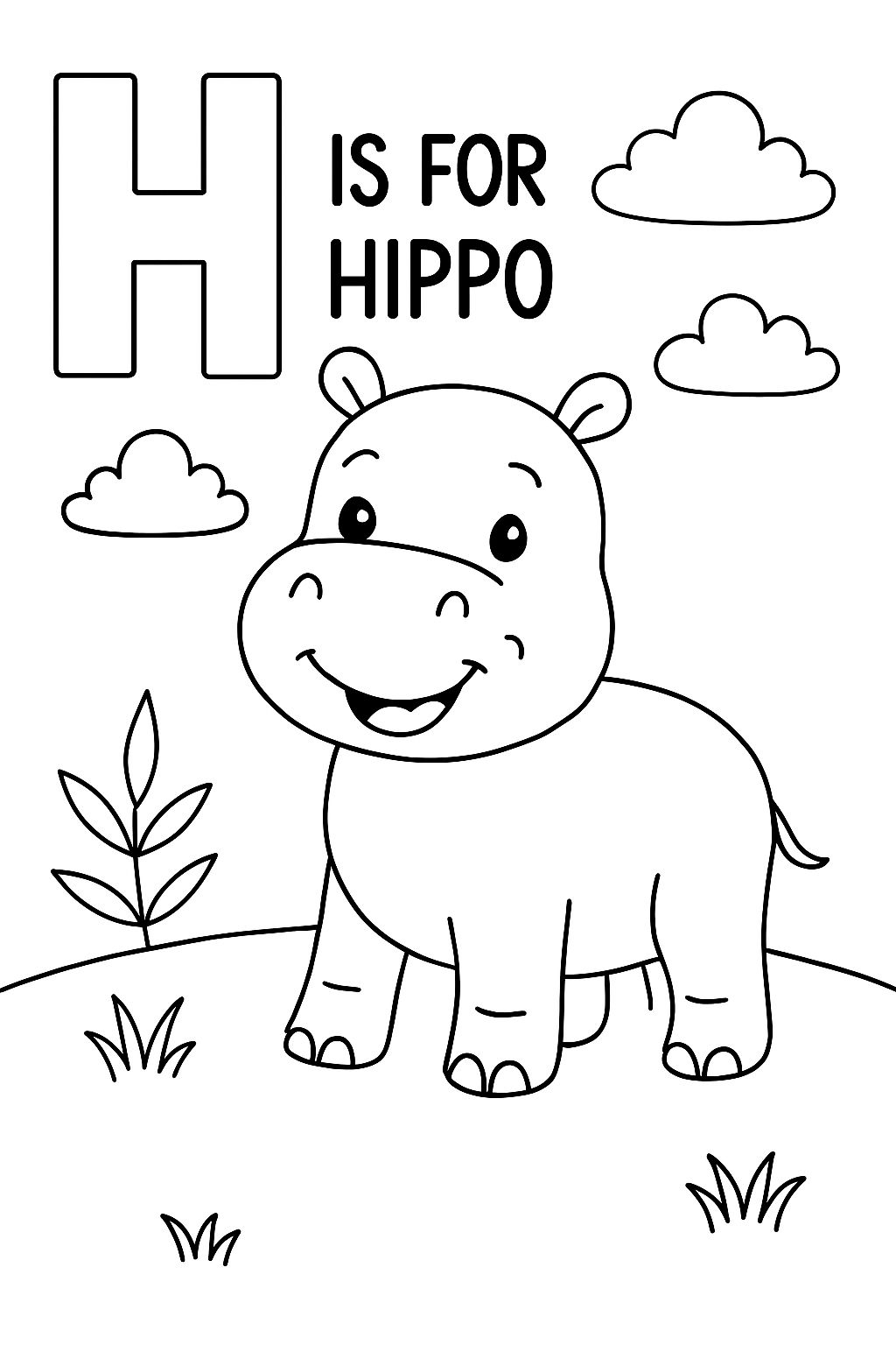 Cheerful Hippo Coloring Page for Kids with Playful Elements Coloring Book Pages