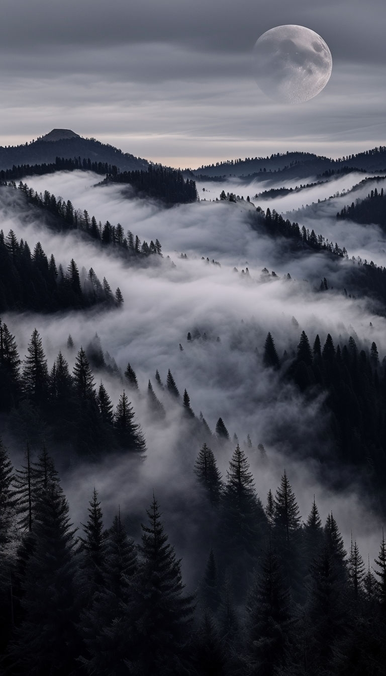 Serene Mountainous Forest with Misty Landscape Mobile Wallpaper