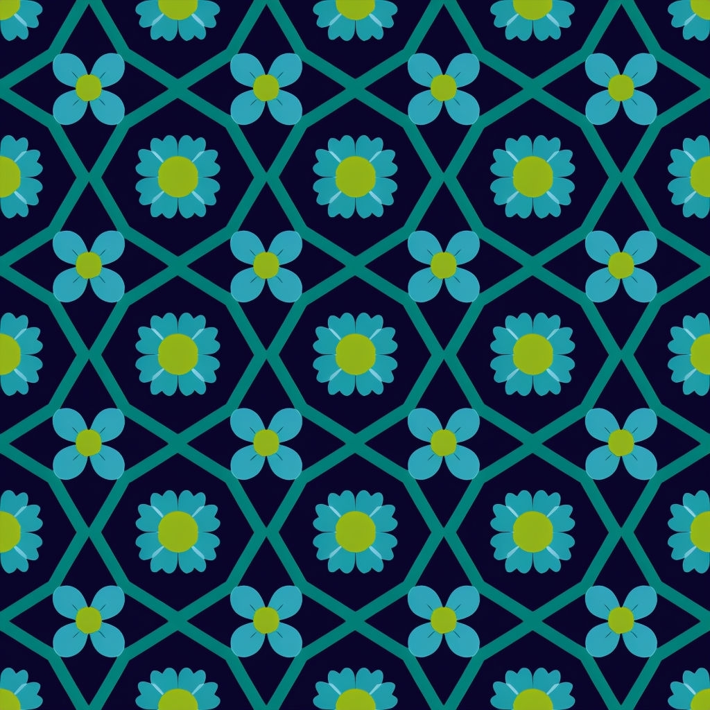 Vibrant Geometric Floral Pattern in Navy Blue Background Seamless Pattern