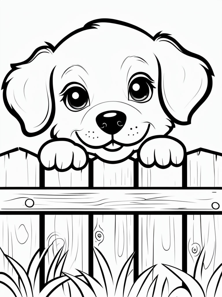 Adorable Puppy Peeking Over a Picket Fence Coloring Page