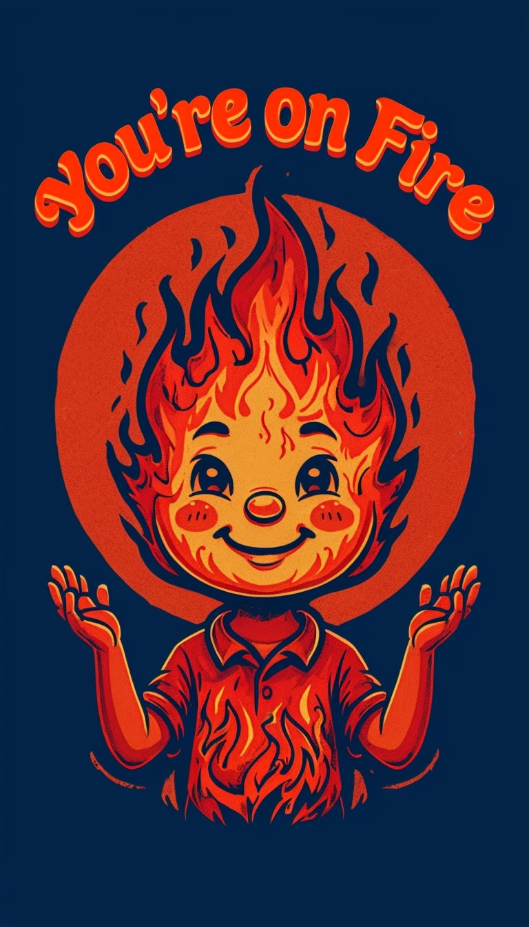 Cheerful Anthropomorphic Flame Character with 'You're on Fire' Text Poster