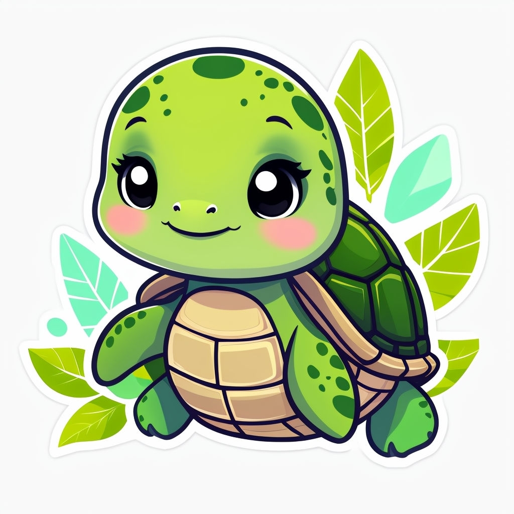 Adorable Cartoon Turtle Surrounded by Leaves Sticker