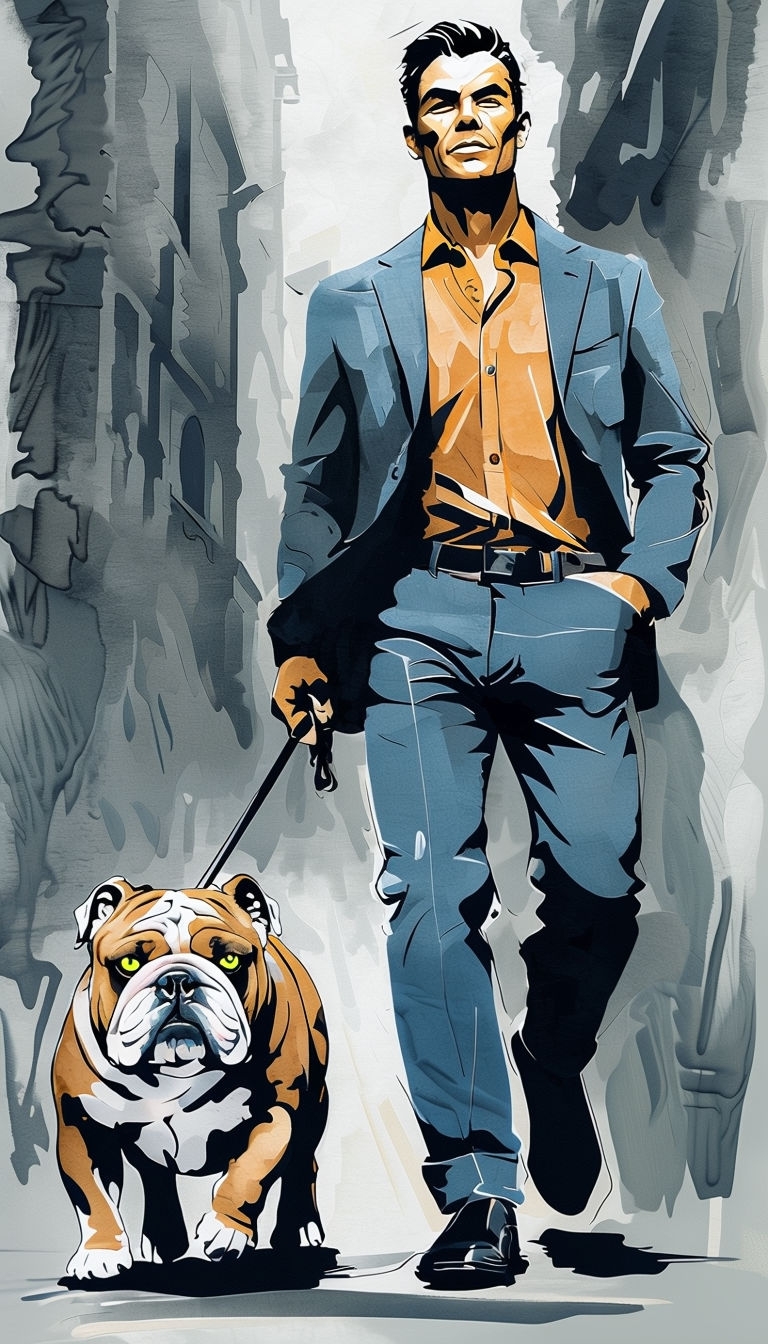 Stylish Man and Bulldog Urban Illustration Art