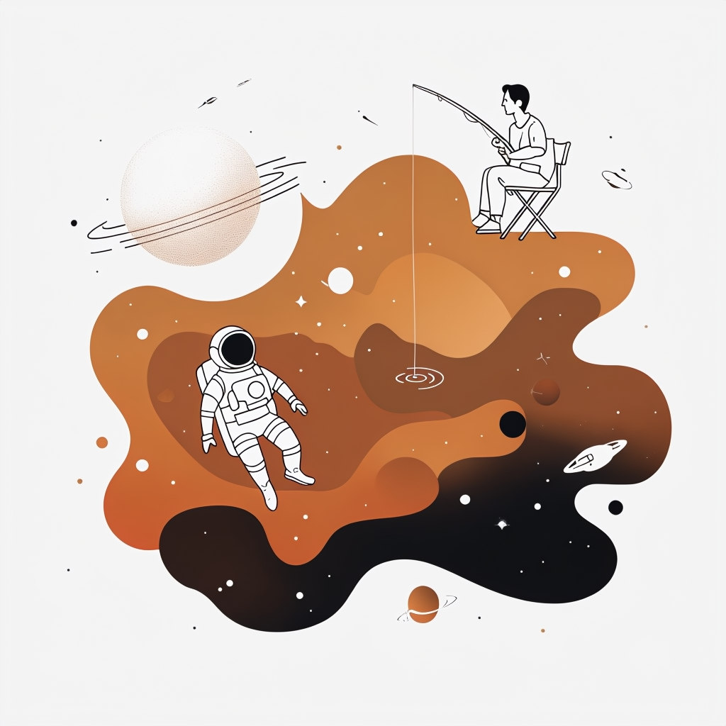 Surreal Cosmic Scene with Astronaut and Fisherman