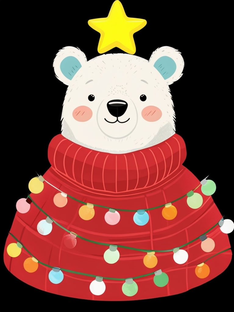 Whimsical Cartoon Bear in Red Sweater with Holiday Lights Poster