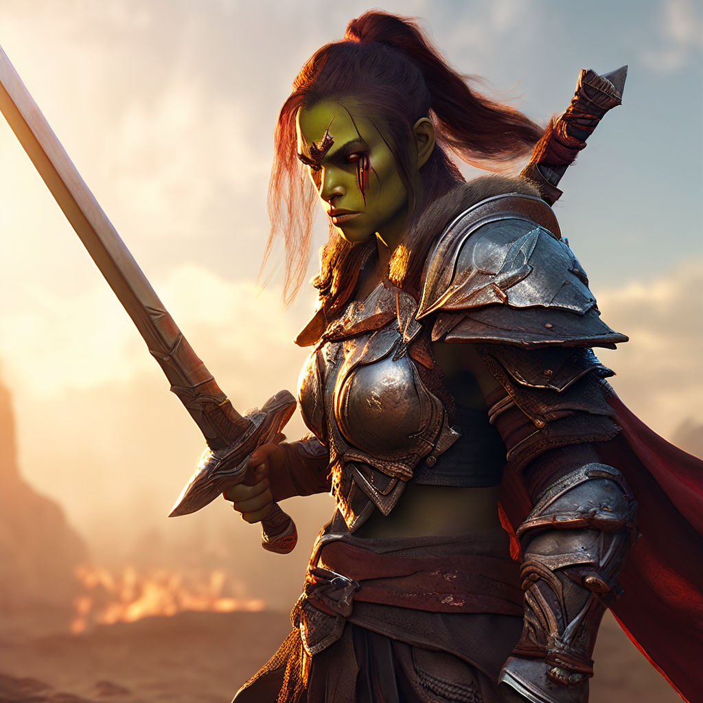 Beautiful green female orc warrior with red armor