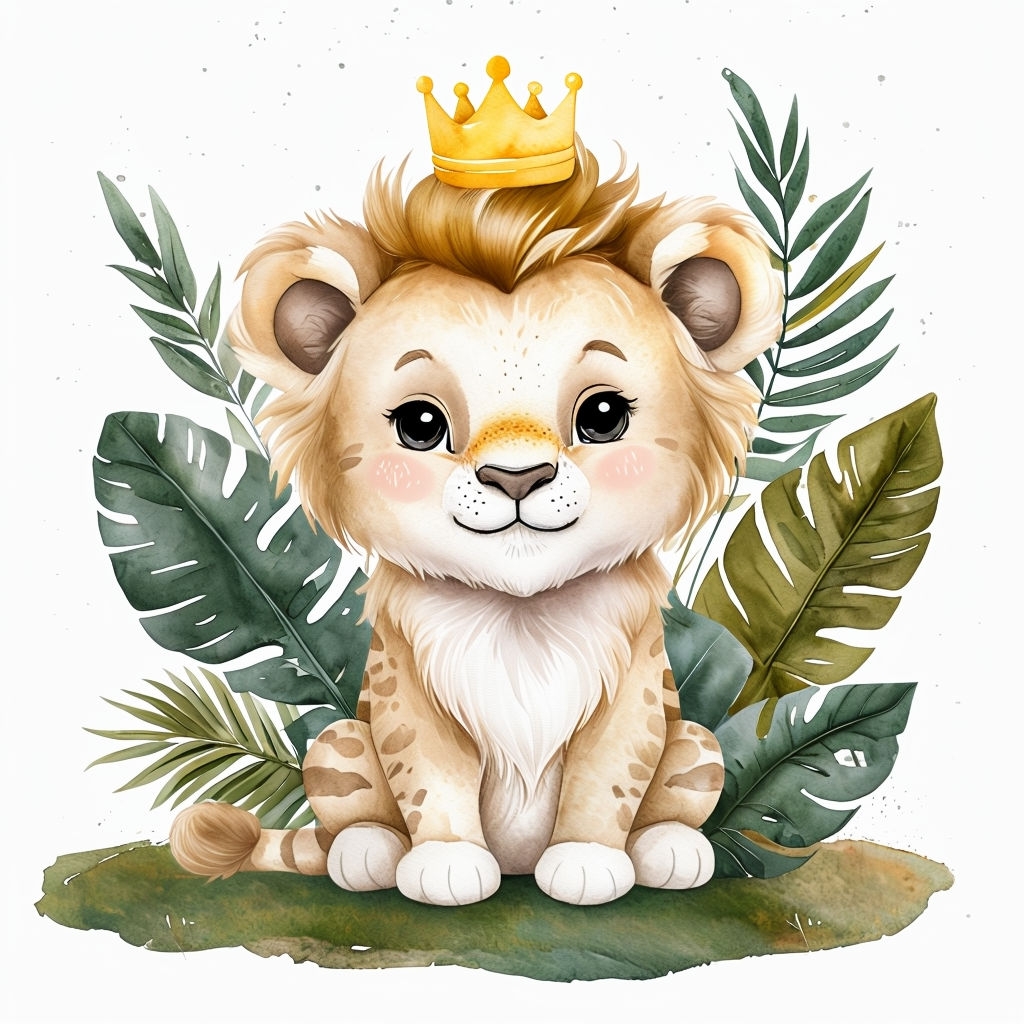 Adorable Baby Lion with Crown Watercolor Illustration Mug