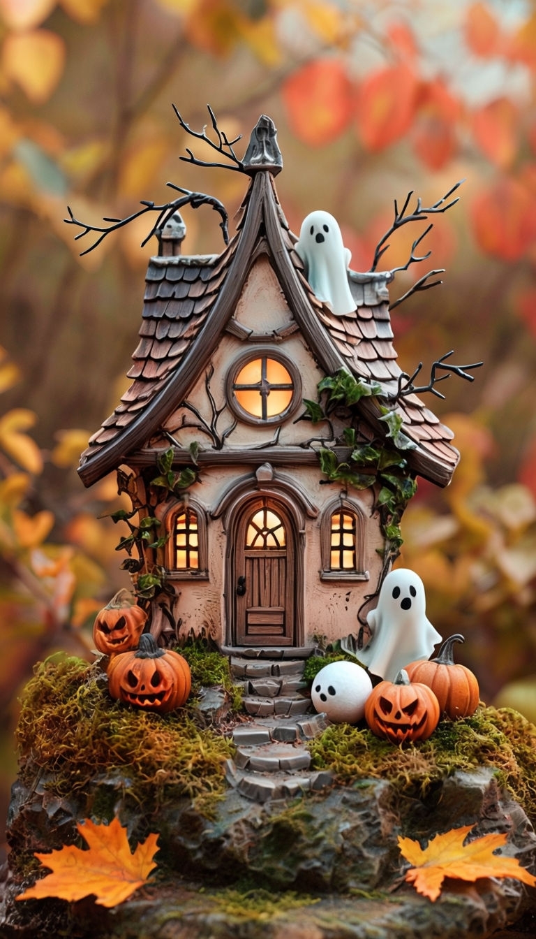 Whimsical Halloween Miniature House with Ghosts and Pumpkins Art