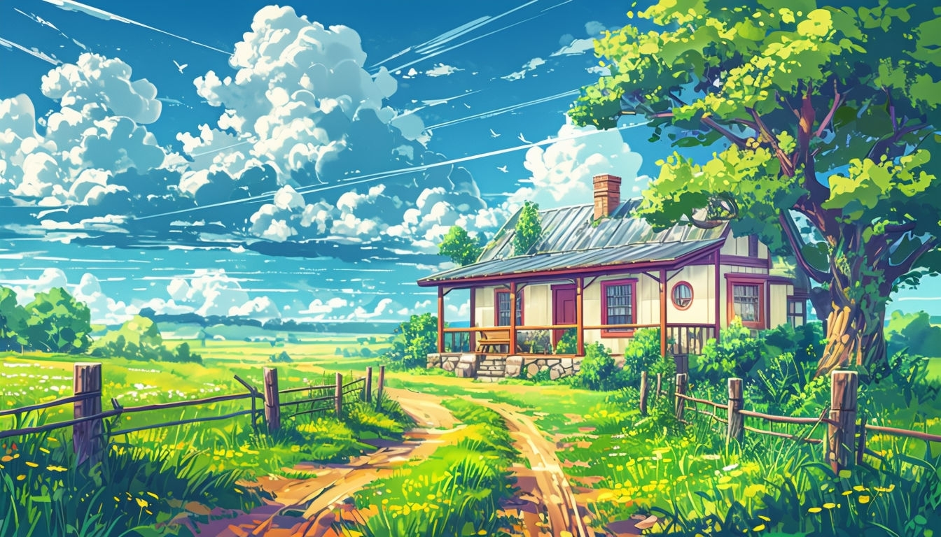Serene Anime-Inspired Rural Landscape Illustration Background