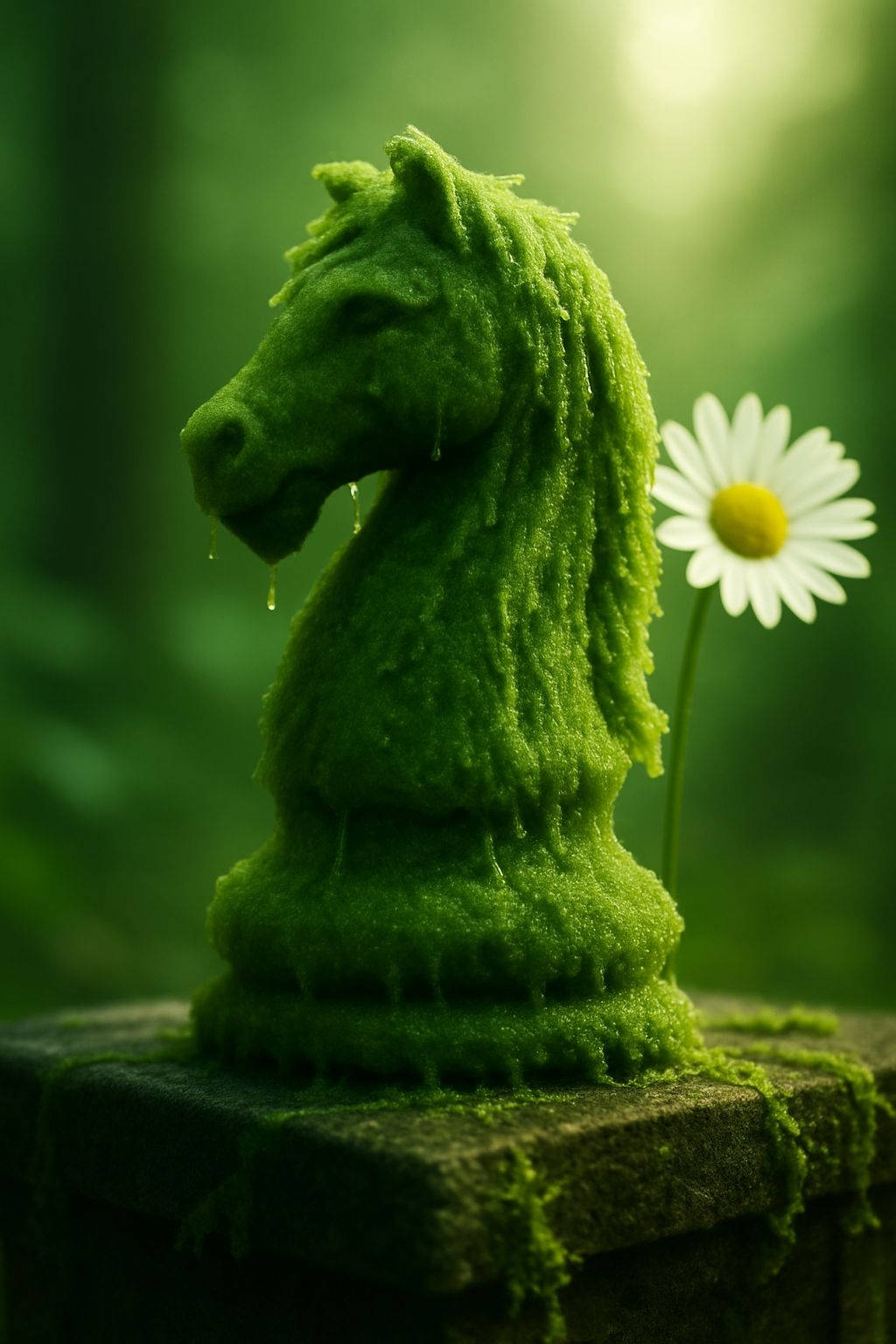 Surreal Green Knight Chess Piece with Daisy in Mystical Garden Art