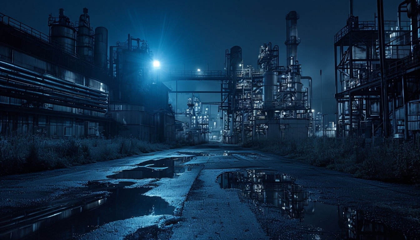 Industrial Nighttime Complex with Reflective Puddles Background