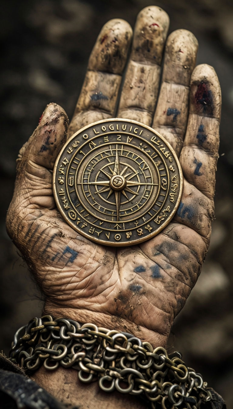 Weathered Hand Holding Golden Artifact with Intricate Design Art