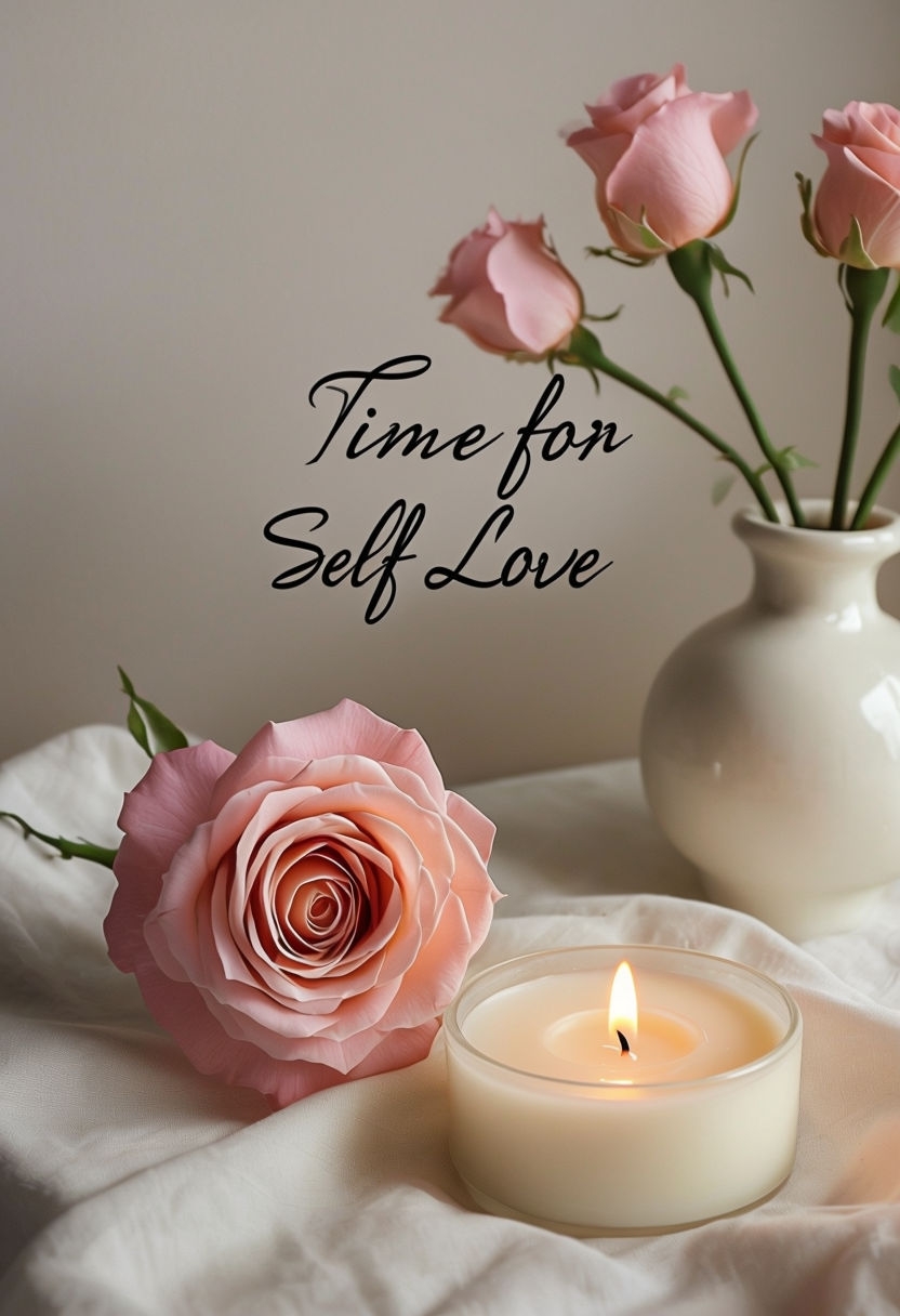 Serene Pink Rose and Candle Still Life Art for Self Love Poster