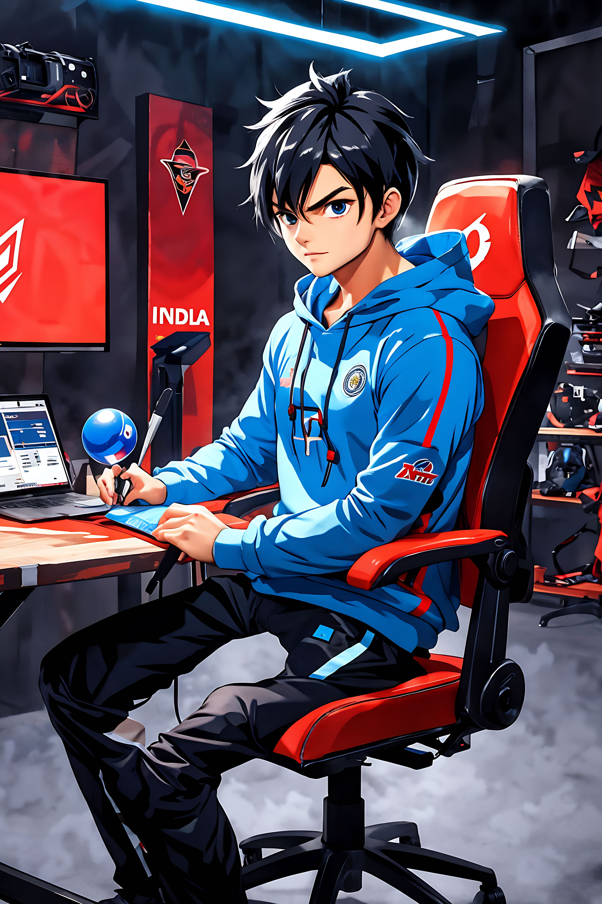 A teen anime style character seated in a gaming studi. He is sitting on  chair behind the desk. Surrounded by futuristic gadgets. Use vibrant  colors