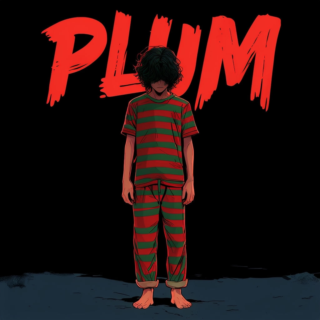Somber Young Male Figure in Striped Sleepwear 'PLUM' Poster