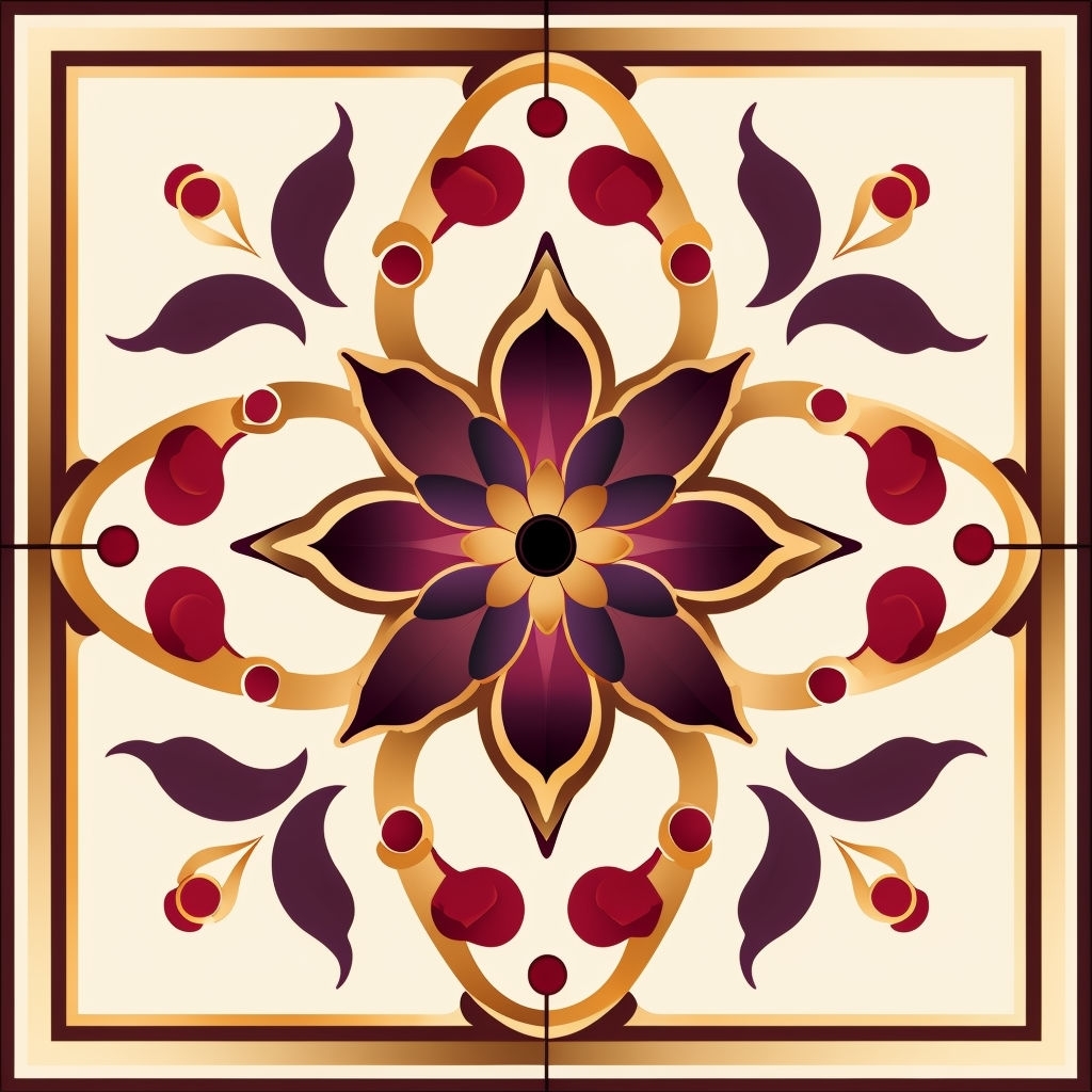 Ornate Floral Square Tile Design with Deep Purple and Gold Seamless Pattern