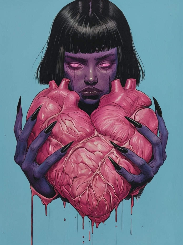 Surreal Dark Figure Embracing Grotesque Heart Art