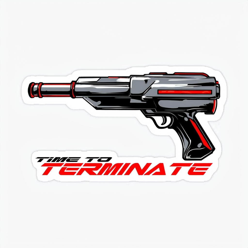 Futuristic Laser Gun with 'Time to Terminate' Sticker