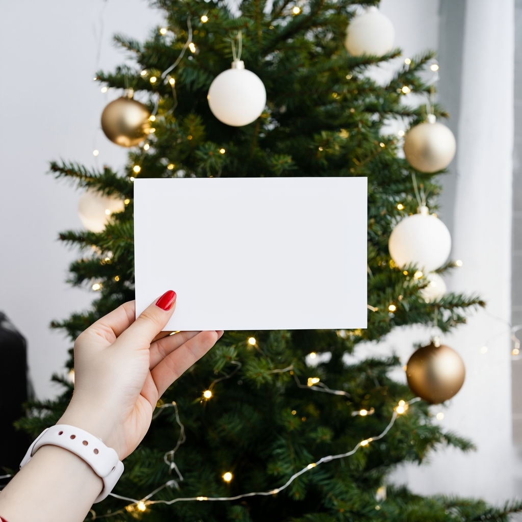 Festive Hand Holding Blank Card in Front of Christmas Tree Mockup