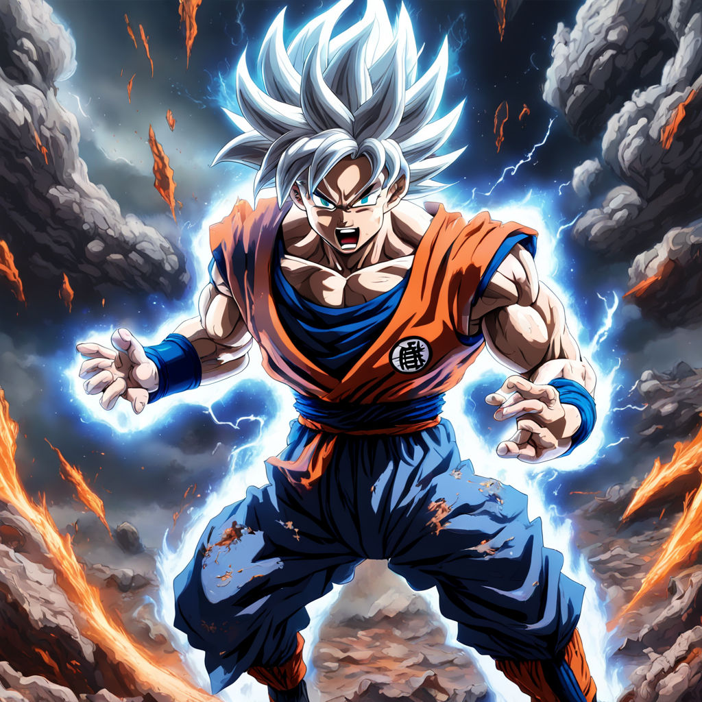 Goku in Ultra Instinct form engaged in an epic battle agains... by ...