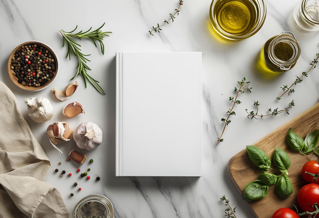 Culinary Flat Lay with Fresh Ingredients and Blank Cookbook Mockup